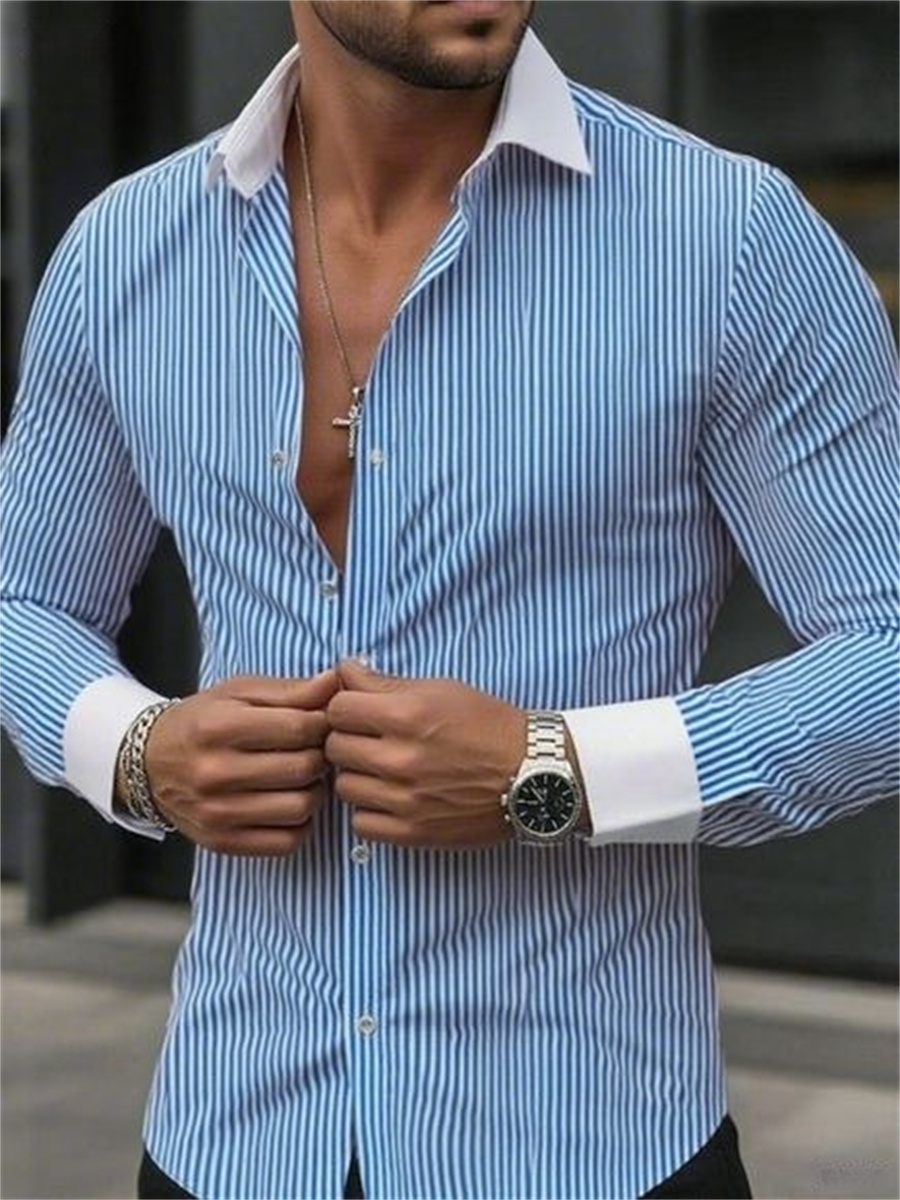Men's slim-fit striped lapel l - مراجعة Men Formal Wear Shirts وسعره