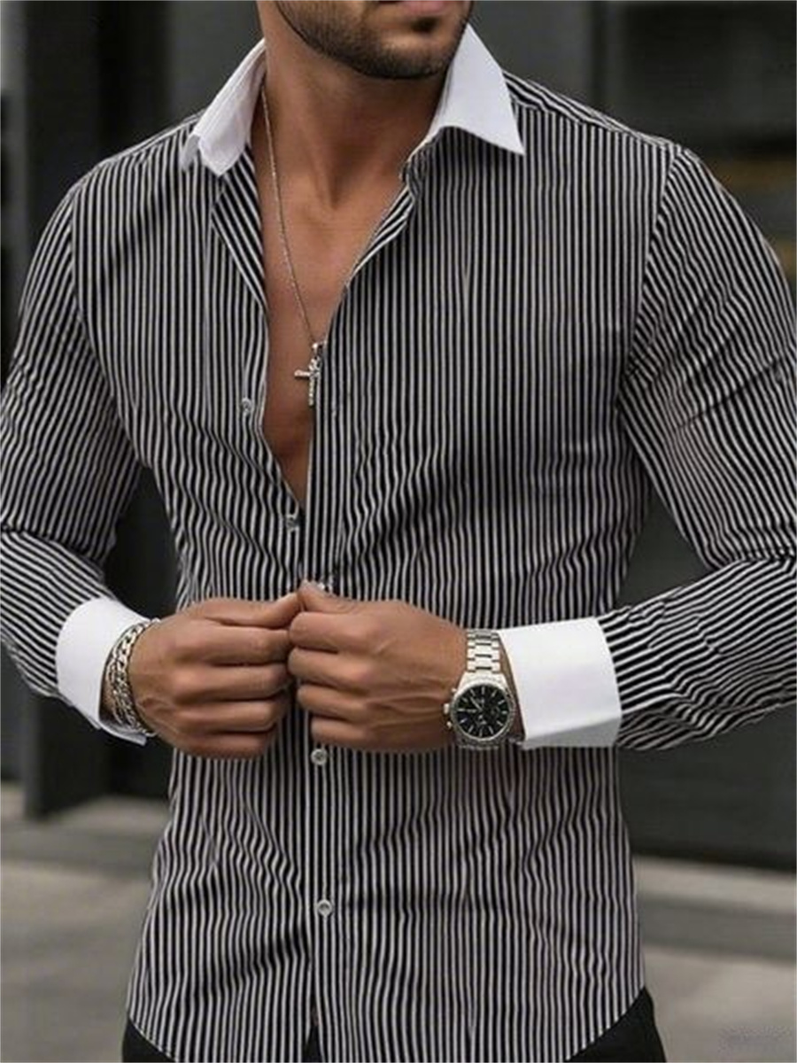 Men's slim-fit striped lapel l - مراجعة Men Formal Wear Shirts وسعره
