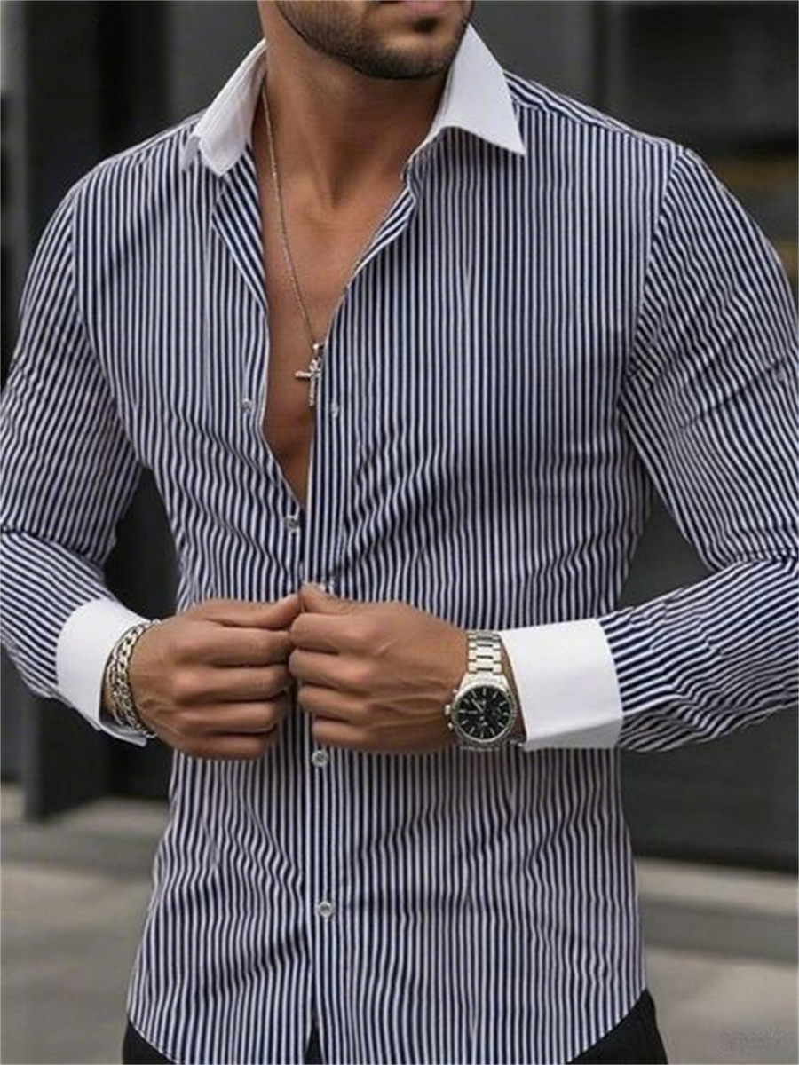 Men's slim-fit striped lapel l - مراجعة Men Formal Wear Shirts وسعره